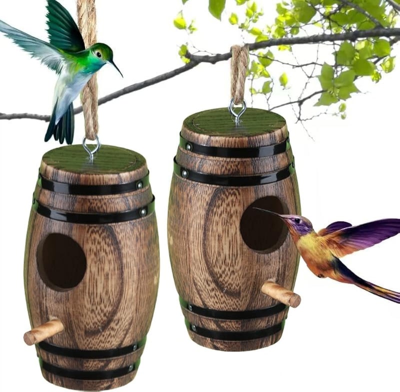 DY-SKTY 2 Pack Hummingbird Houses for Outside, Wooden Hummingbird House for Nesting, Hanging Bird Houses for Outdoors with Pole, Unique Garden Gifts Home Decoration - Image 1